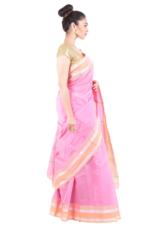 Picture of Light Pink Pure Cotton Shari Artistically Carved with Striped Zari Border