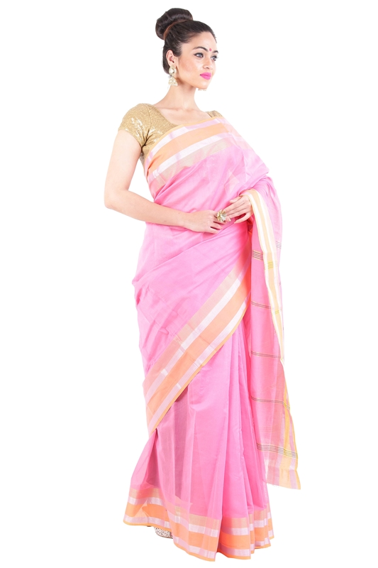 Picture of Light Pink Pure Cotton Shari Artistically Carved with Striped Zari Border