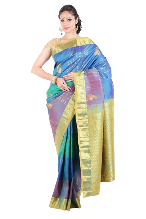 Picture of Multi Color Kanchipuram Silk Saree with  Mango Motifs & Golden Zari Border 