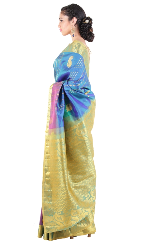 Picture of Multi Color Kanchipuram Silk Saree with  Mango Motifs & Golden Zari Border 