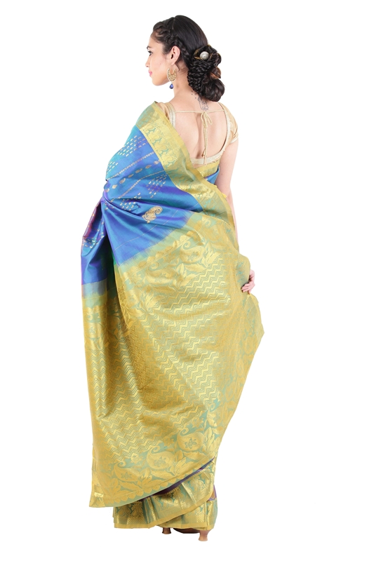 Picture of Multi Color Kanchipuram Silk Saree with  Mango Motifs & Golden Zari Border 