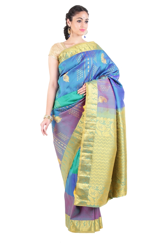 Picture of Multi Color Kanchipuram Silk Saree with  Mango Motifs & Golden Zari Border 