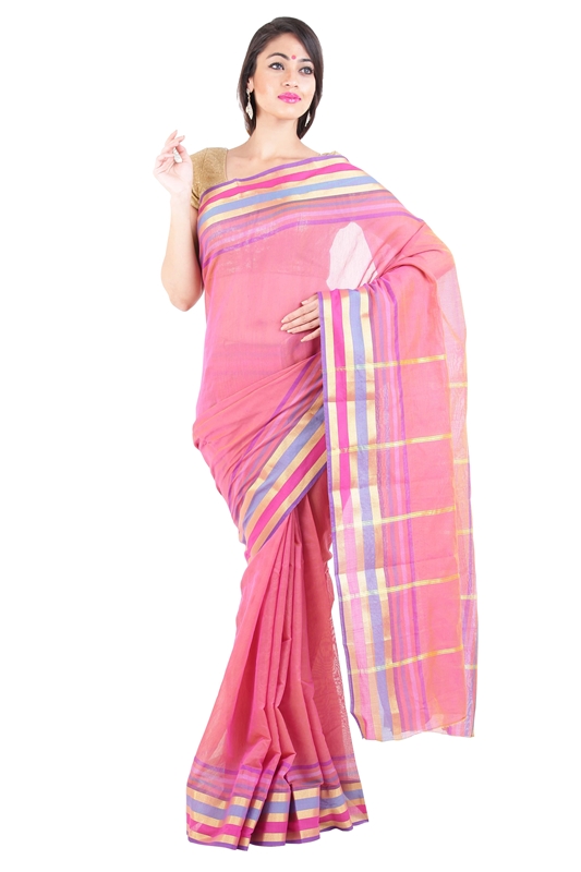 Picture of Peach Pink Pure Cotton Shari Artistically Carved with Multicoloured Zari Border