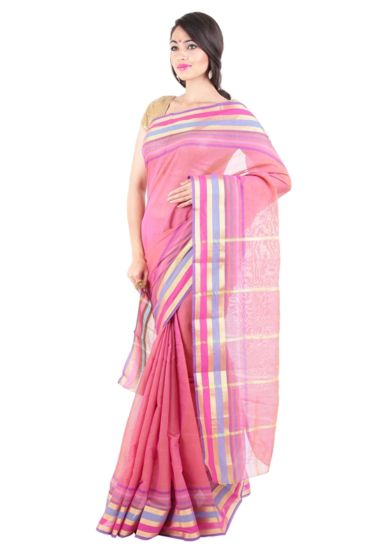 Picture of Peach Pink Pure Cotton Shari Artistically Carved with Multicoloured Zari Border