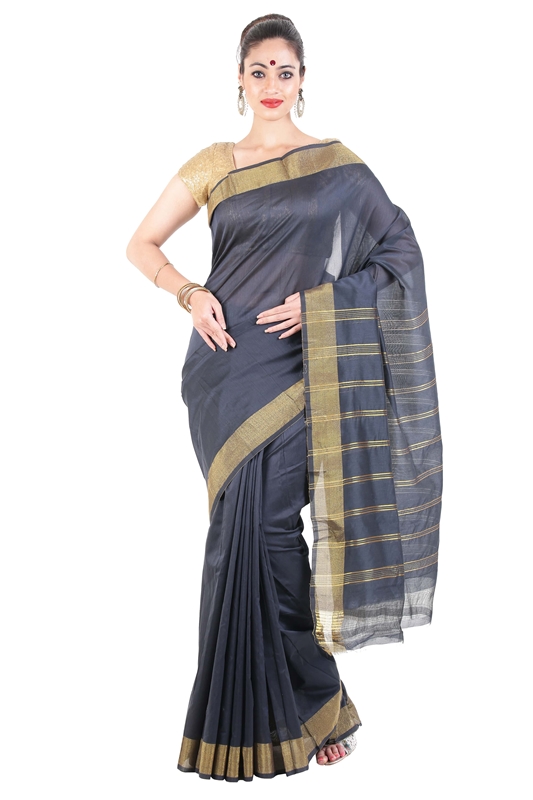 Picture of Lusty Black Pure Cotton Shari Finely Crafted with Striped Zari Border