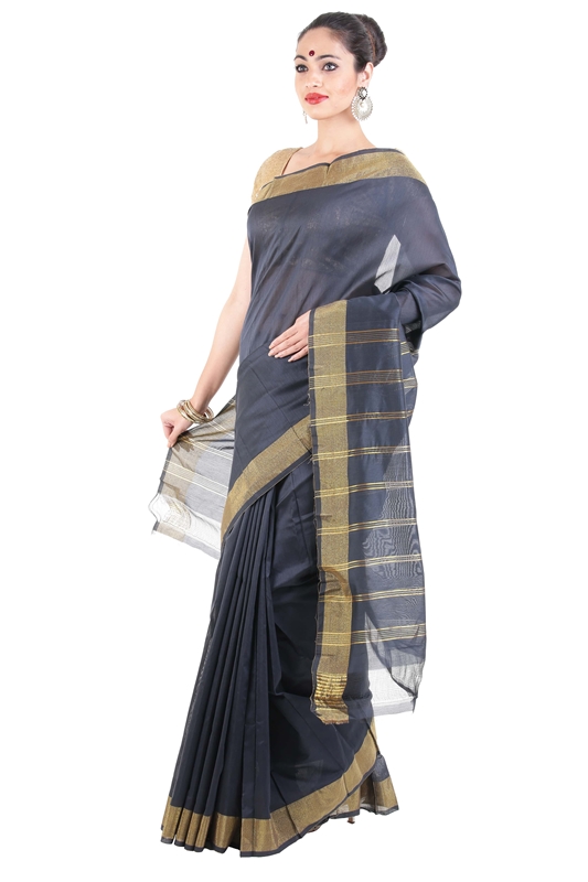 Picture of Lusty Black Pure Cotton Shari Finely Crafted with Striped Zari Border