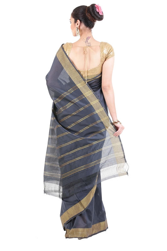 Picture of Lusty Black Pure Cotton Shari Finely Crafted with Striped Zari Border