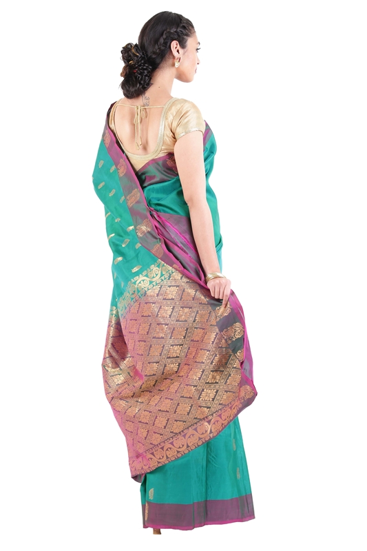 Picture of Peacock Green Mysore Silk Saree with Mango Motifs & Artistic Design