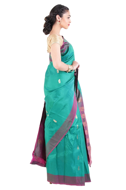 Picture of Peacock Green Mysore Silk Saree with Mango Motifs & Artistic Design