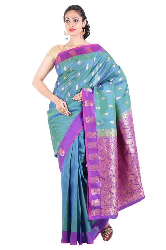 Picture of Shaded Green & Orchid Uppada Silk Shari Carved with Artistic Flowery Designs