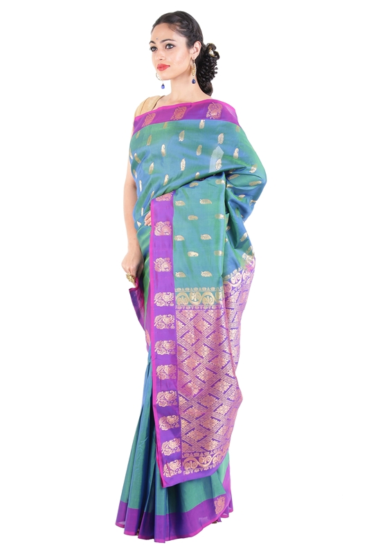 Picture of Shaded Green & Orchid Uppada Silk Shari Carved with Artistic Flowery Designs