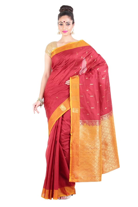 Picture of Flame Red & Yellow Dupion Silk Saree Crafted with Dotted Design Zari Border