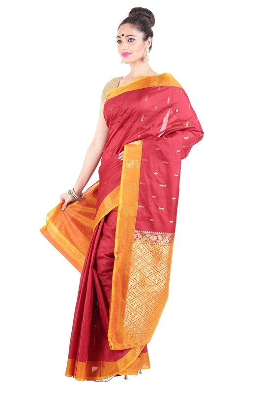 Picture of Flame Red & Yellow Dupion Silk Saree Crafted with Dotted Design Zari Border