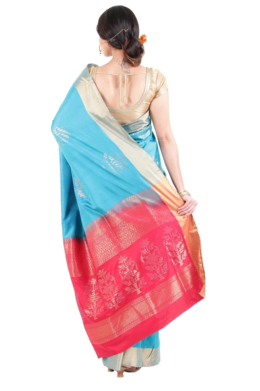 Picture of Sky Blue Uppada Silk Saree with Red Color Border in Bloomed Flowers Design 