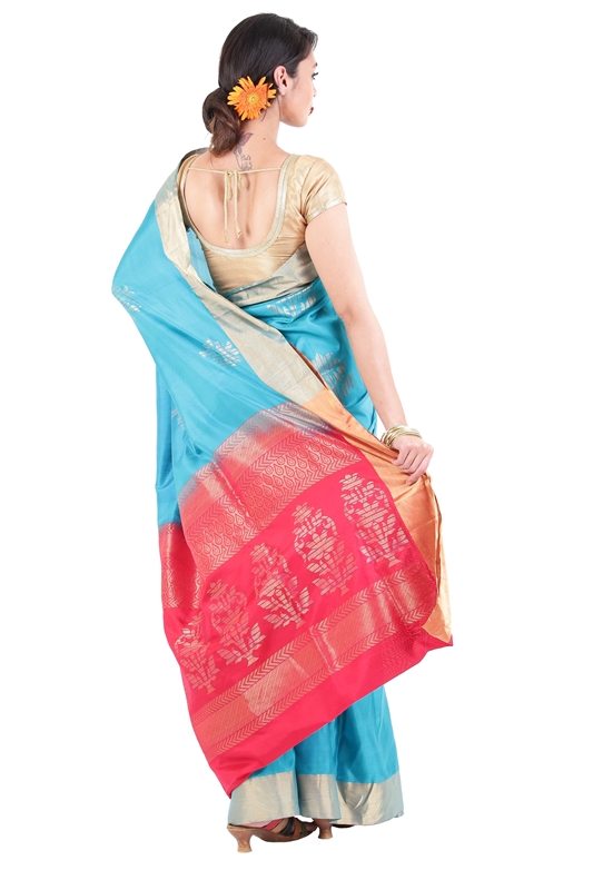 Picture of Sky Blue Uppada Silk Saree with Red Color Border in Bloomed Flowers Design 