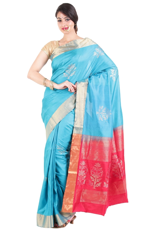 Picture of Sky Blue Uppada Silk Saree with Red Color Border in Bloomed Flowers Design 