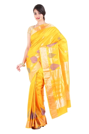 Picture of Shiny Yellow Colour Uppada Silk Saree with Leaf Art Design Work