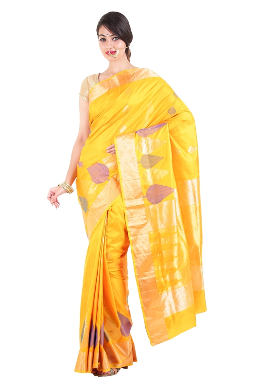 Picture of Shiny Yellow Colour Uppada Silk Saree with Leaf Art Design Work