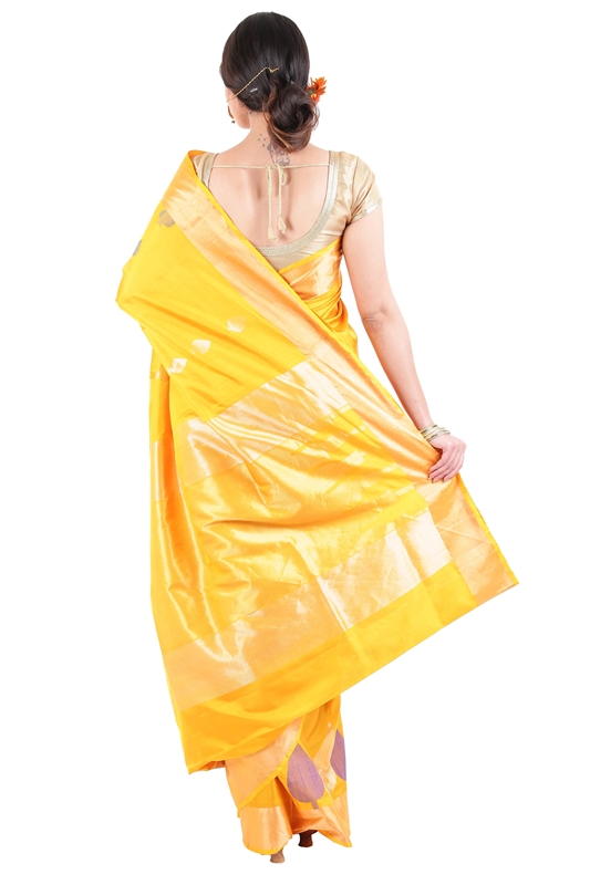 Picture of Shiny Yellow Colour Uppada Silk Saree with Leaf Art Design Work