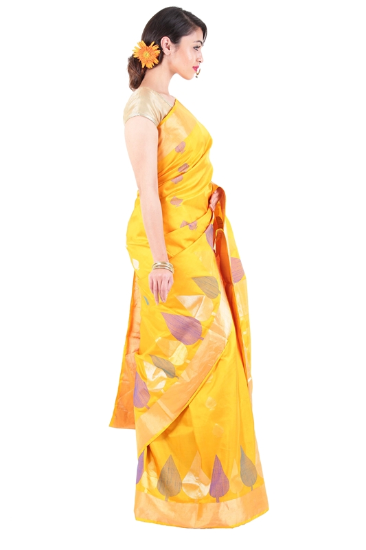 Picture of Shiny Yellow Colour Uppada Silk Saree with Leaf Art Design Work