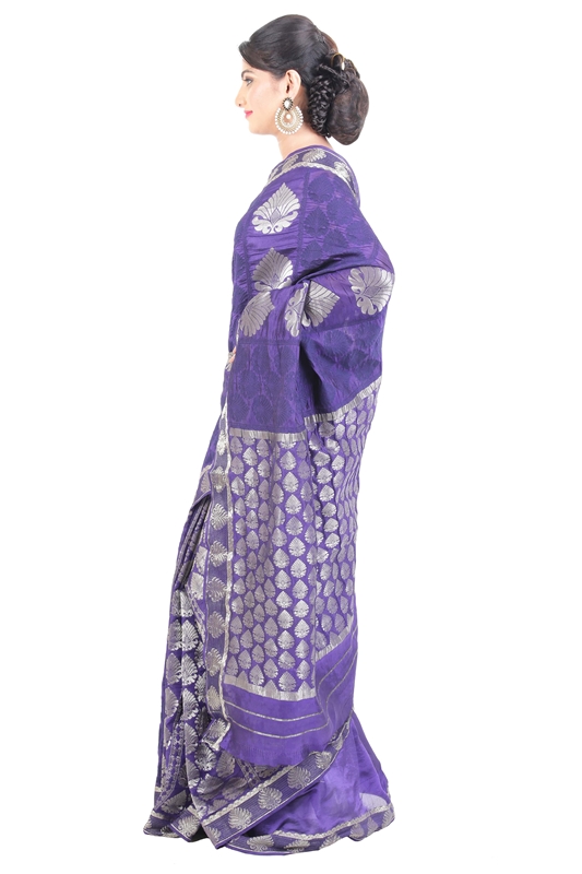 Picture of Violet Banarasi Handloom Silk Saree with Self and Silver Zari Buta Design