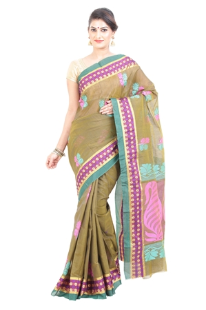 Picture of Pale Green & Pink Exclusive Cotton Shari Carved with Artistic Mango Motives