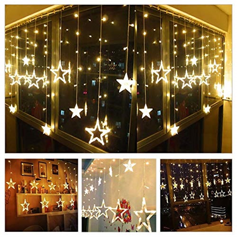 Picture of Desidiya 12 Stars 138 Led Curtain String Lights Window Curtain Lights With 8 Flashing Modes Decoration For Christmas, Wedding, Party, Home, Patio Lawn Warm White (138 Led-Star, Copper, Pack of 1)