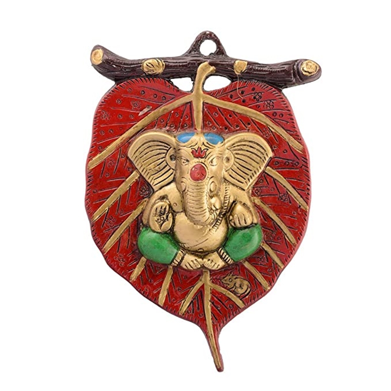 Picture of eCraftIndia Metal Lord Ganesha in Red Dhoti on Green Leaf Wall Hanging (AGG512_GN), Multicolour