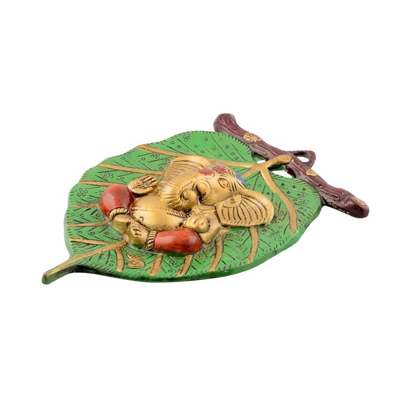 Picture of eCraftIndia Metal Lord Ganesha in Red Dhoti on Green Leaf Wall Hanging (AGG512_GN), Multicolour