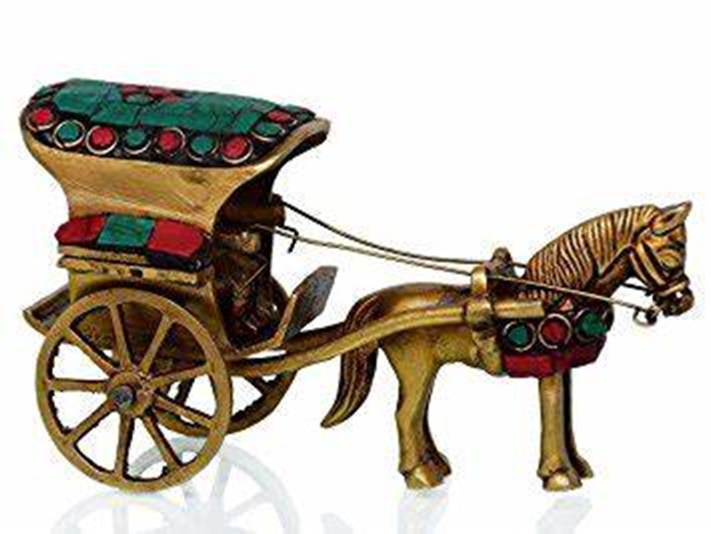 Picture of Two Moustaches Gemstone Work Brass Horse Cart Replica Decor Showpiece, Standard, Multicolored, Pack of 1